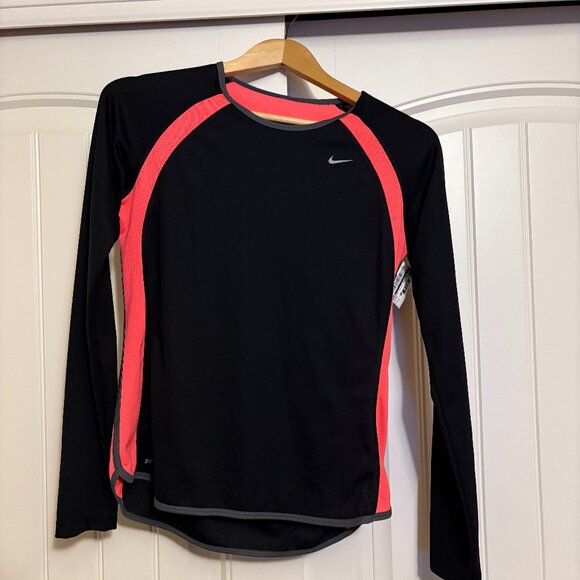 Nike Long Sleeve Activewear Top Small Black Orange Trim Mesh Inlay Dri-Fit Crew - Picture 1 of 3